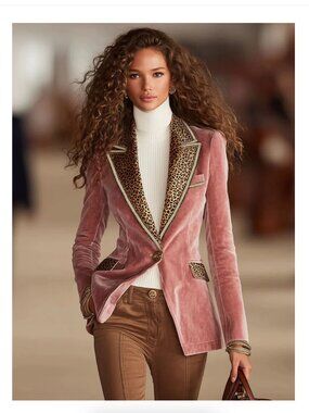 Pink Velvet Stitching Leopard Print One Button Blazer
